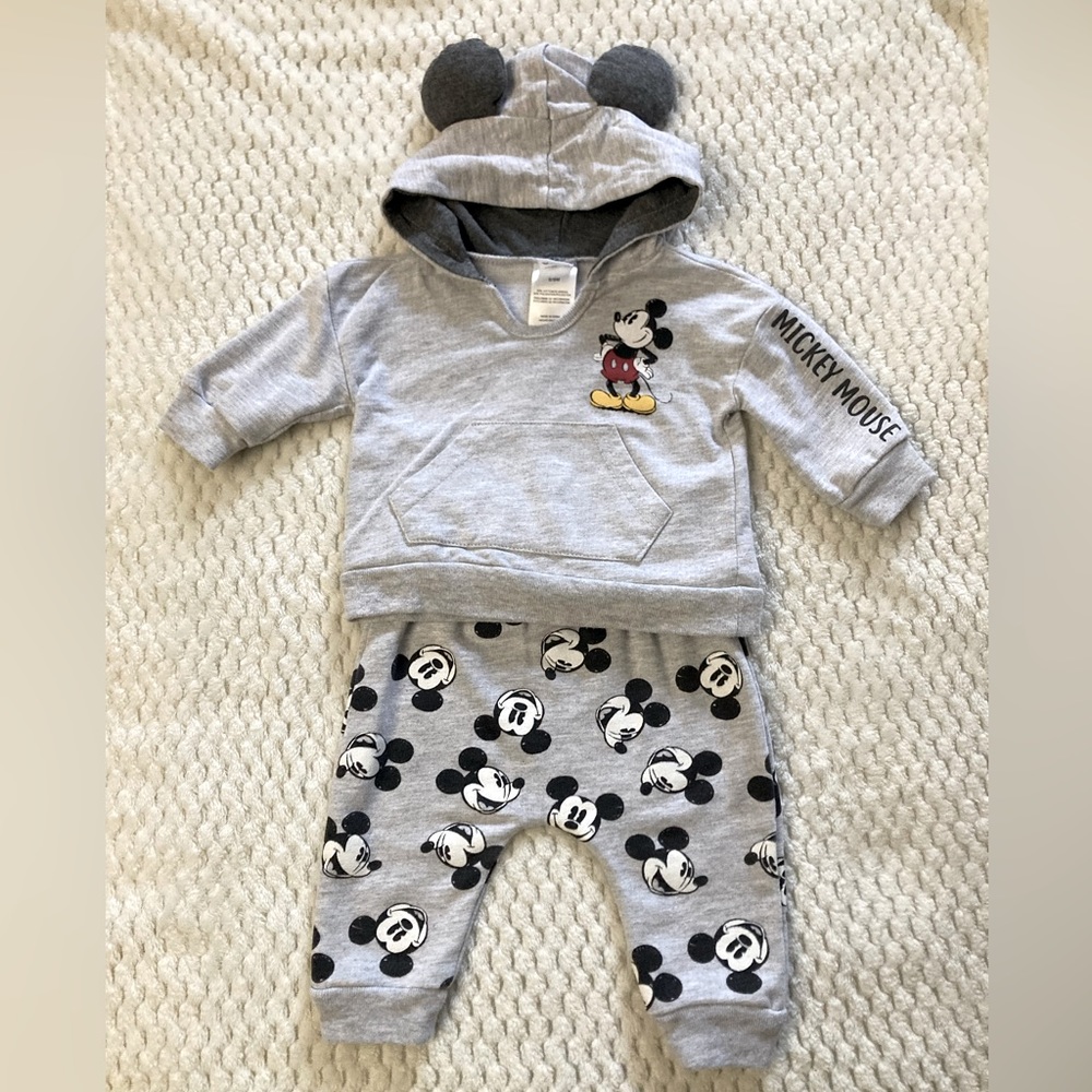 Disney Baby Mickey Mouse Hoodie and Pants outfit, size 6-9 months, grey